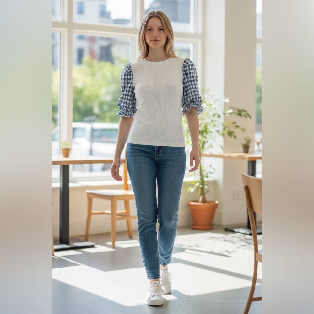 Mango Puffed Gingham Sleeve
Ribbed Mixed Media T-Shirt